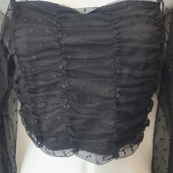 Black Sheer Ruched Crop Top Sz Medium Disco Club Sexy Festival Club Date Night - Picture 5 of 6